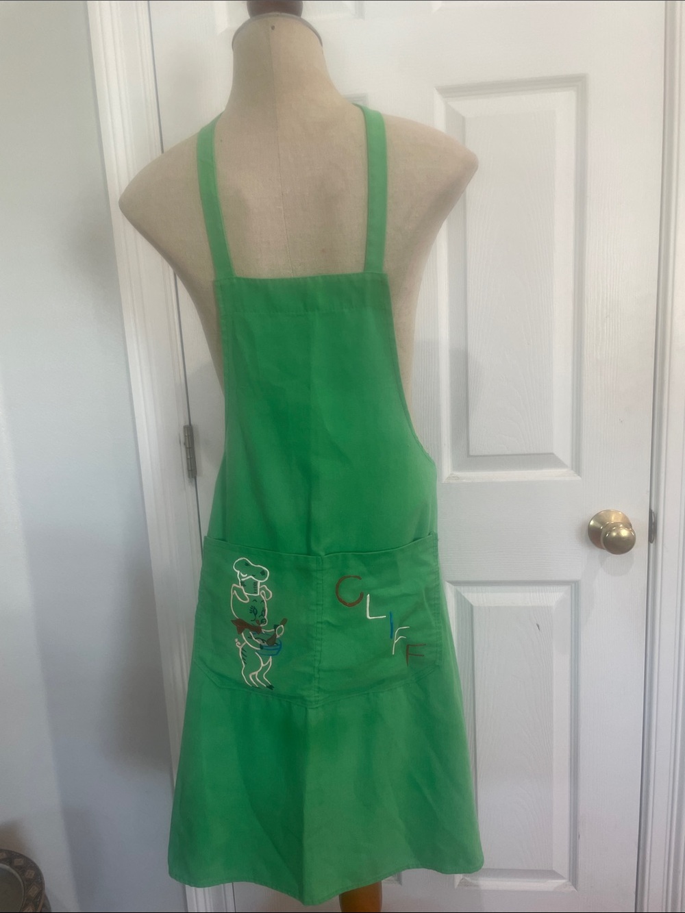 Vintage handcrafted Green Apron Pig Chef personalized Cliff one size fits most